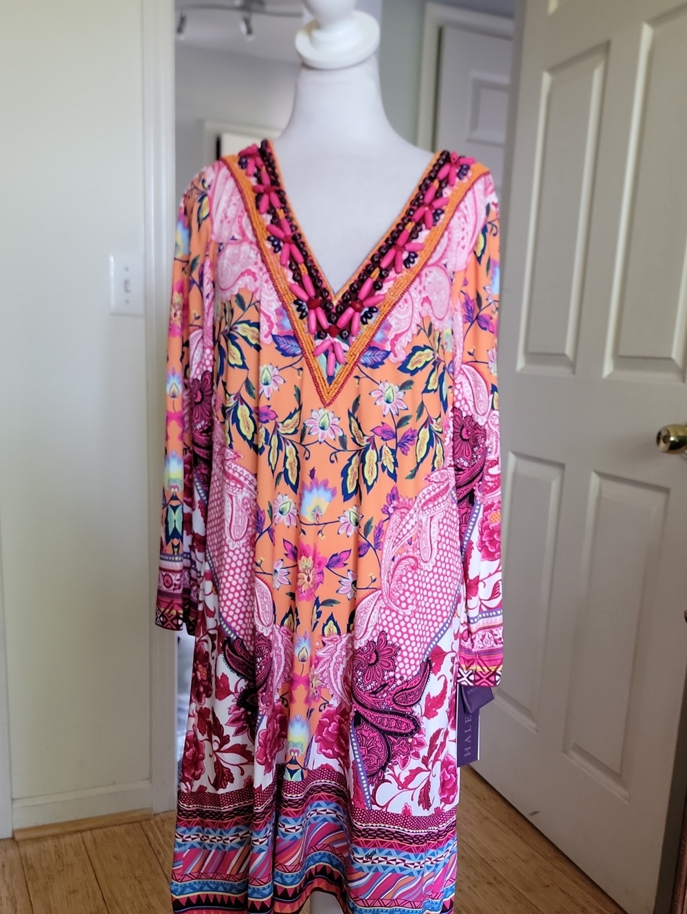 Hale Bob Peach and Pink Paisley-Print V-Neck Long Sleeve Dress